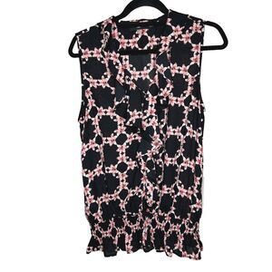 Karl Lagerfeld Sleeveless Top Black with Pink Floral Print Ruffle Size L